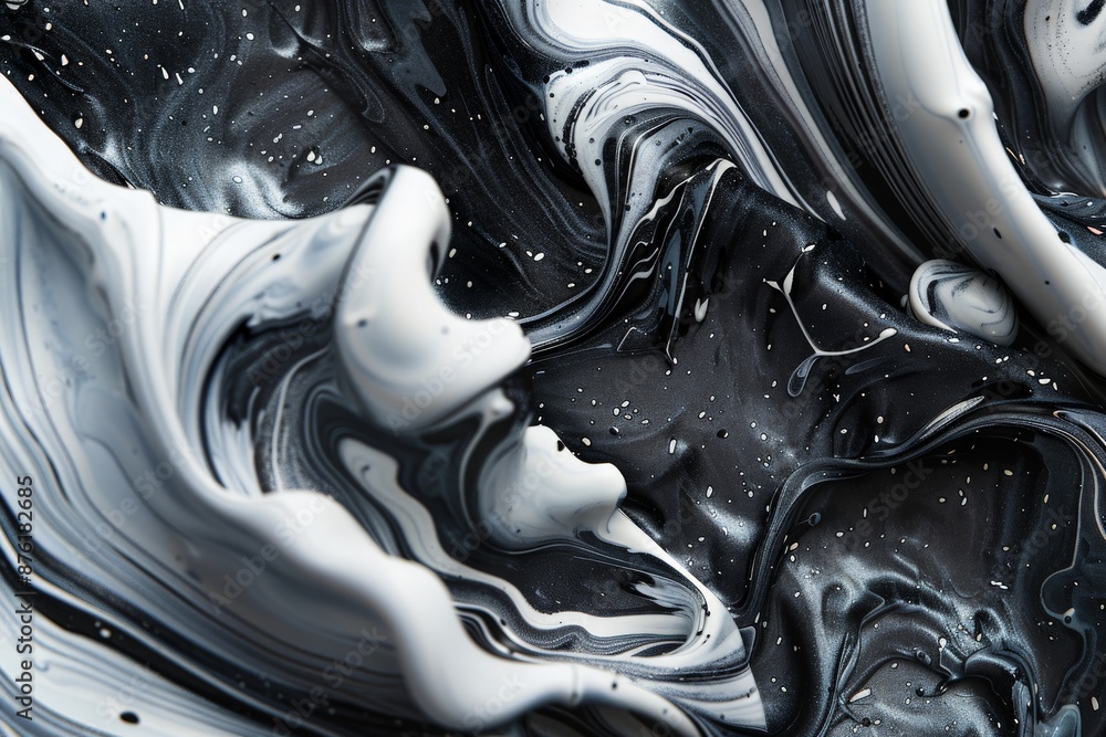 Poster an artistic depiction of black and white swirls and waves creating a mesmerizing abstract pattern, g