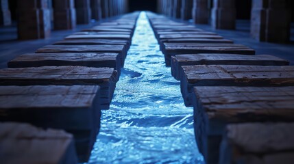 A futuristic art installation features empty wooden tables that project enchanted views of mystical landscapes when interacted with