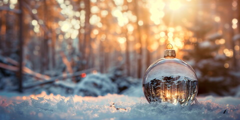 Christmas bauble on snow under a twilight forest backdrop, glowing with light reflections and snowy sparkles, festive season cards with copy space