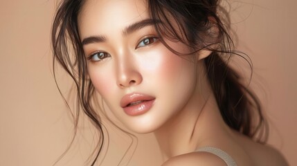 Naklejka premium Asian woman with detailed natural makeup, soft blush, flawless skin, beige background, skincare advertising