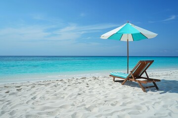 Fototapeta premium A picturesque beach scene with a sunny sky, featuring a pair of wooden lounge chairs positioned beneath a turquoise and white umbrella, close to the shoreline.