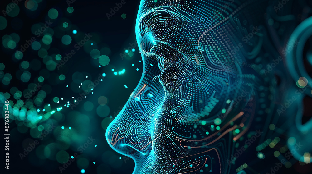 Aufkleber Artificial intelligence ai face composed of glowing particles