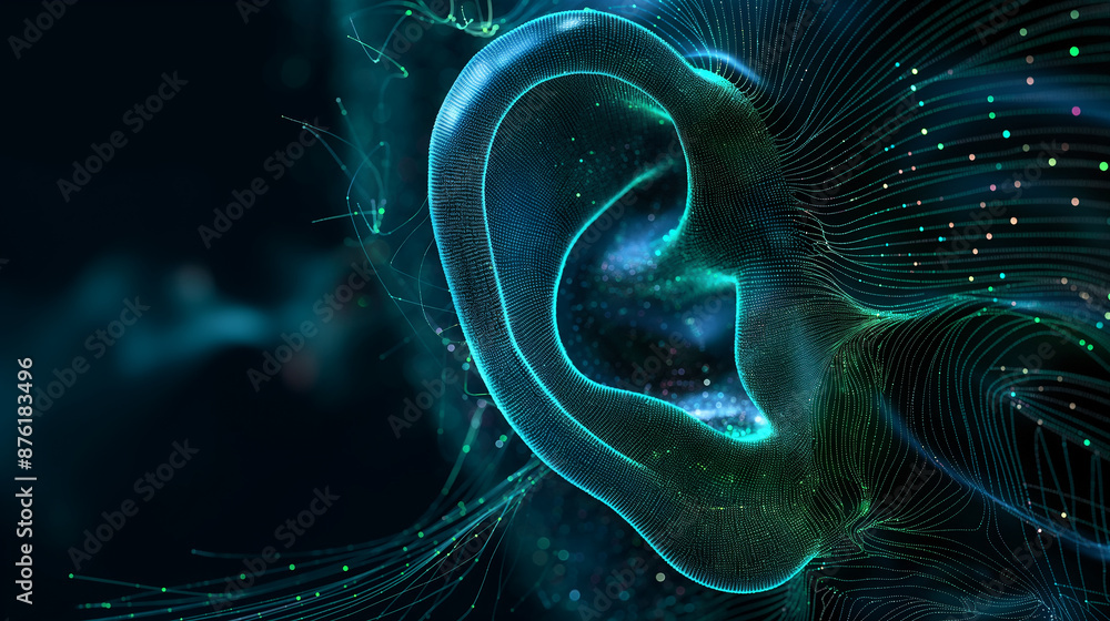 Poster Digital ear representation listening sound waves data flow