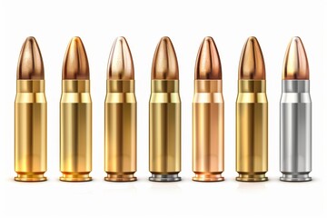 Bullet icon, metal shell symbol, military cartridge, metal gun sleeve, weapon sign, bullets isolated