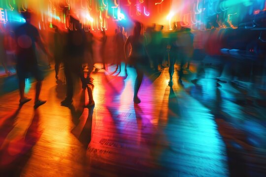Colorful motion blur of people dancing at a party with vibrant spotlights