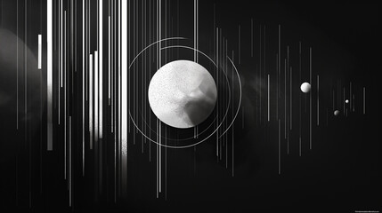 Minimalist black and white illustration featuring planets orbiting around a star