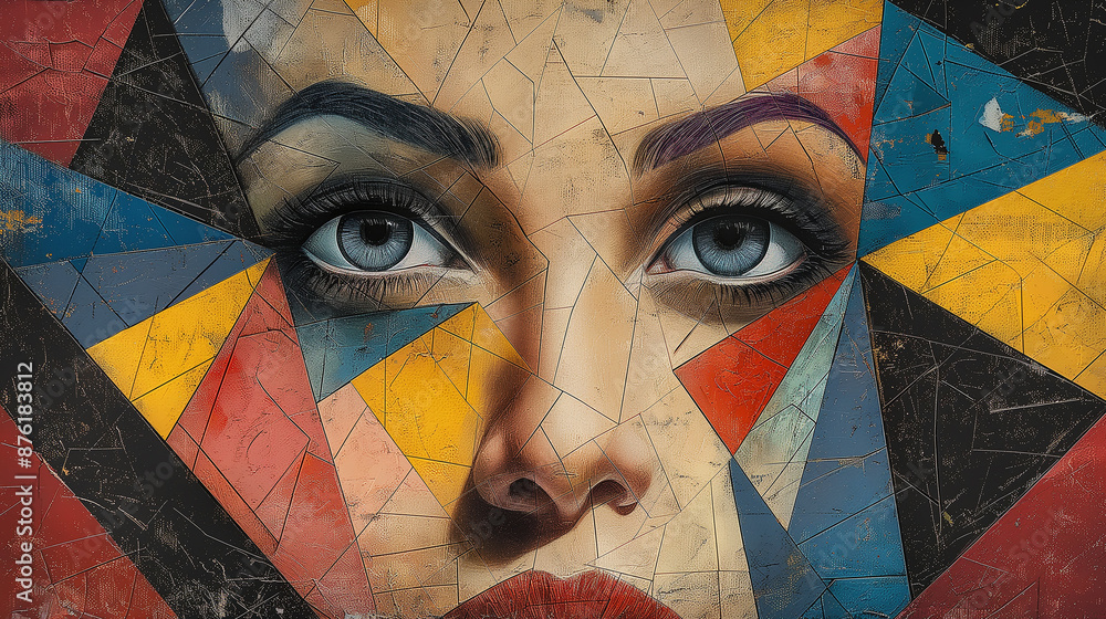 Poster woman face emerging from colorful abstract geometric background