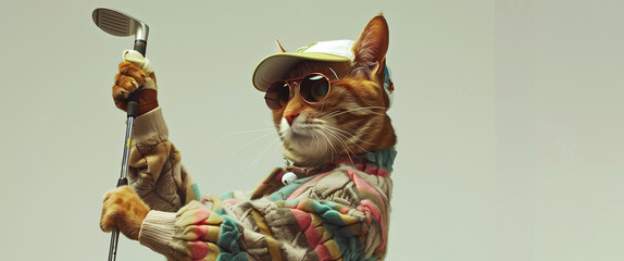 Exuding cool confidence, a cat handles a golf club with calculated precision, poised to drive the ball with effortless flair. Copy space.