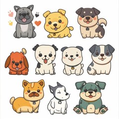 Cute dogs set, pet animal symbols, hand drawn puppy icons silhouettes, funny dog character drawings