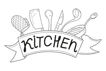 Various kitchen utensils set vector. This detailed and versatile design, including knives, ladle, potholder, apron, is perfect for culinary projects, recipe books,