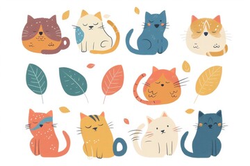 Cute Cats Set, Pet Animal Symbols, Hand Drawn Cat Icons Silhouettes, Funny Kitten Character Drawings