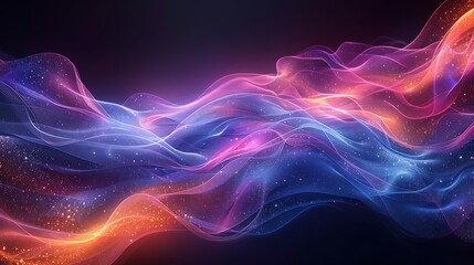 Obraz premium A geometric abstract background featuring dynamic wave lines intersecting, vibrant color transitions from blue to purple, flowing and curving in a fluid motion.