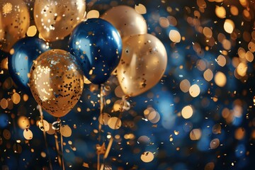 opulent celebration scene with cascading gold and sapphire balloons shimmering confetti explosion dreamy bokeh lights creating festive atmosphere
