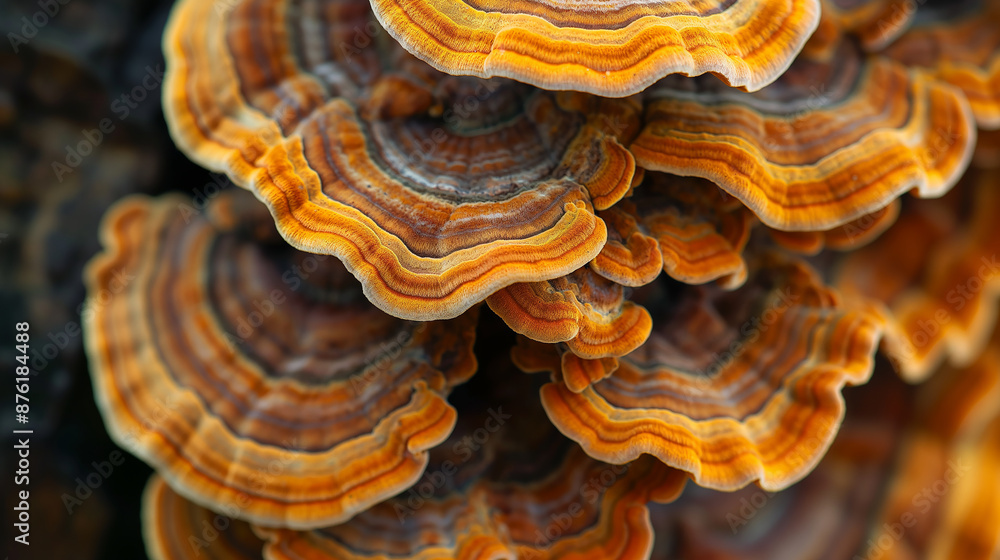 Poster turkey tail mushrooms growing on a tree trunk in the forest