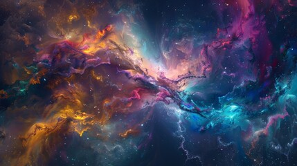 This image depicts a vibrant and colorful cosmic nebula featuring an array of stars, swirls of light, and interstellar clouds in mesmerizing hues of purple, blue, and yellow.