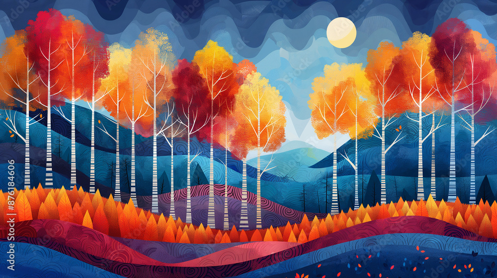 Poster autumn forest displaying vibrant fall colors under a cloudy sky