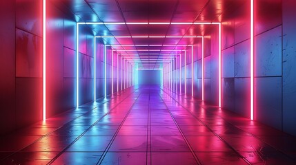 Naklejka premium A geometric abstract background featuring futuristic neon grids, vibrant color transitions from electric blue to neon pink.