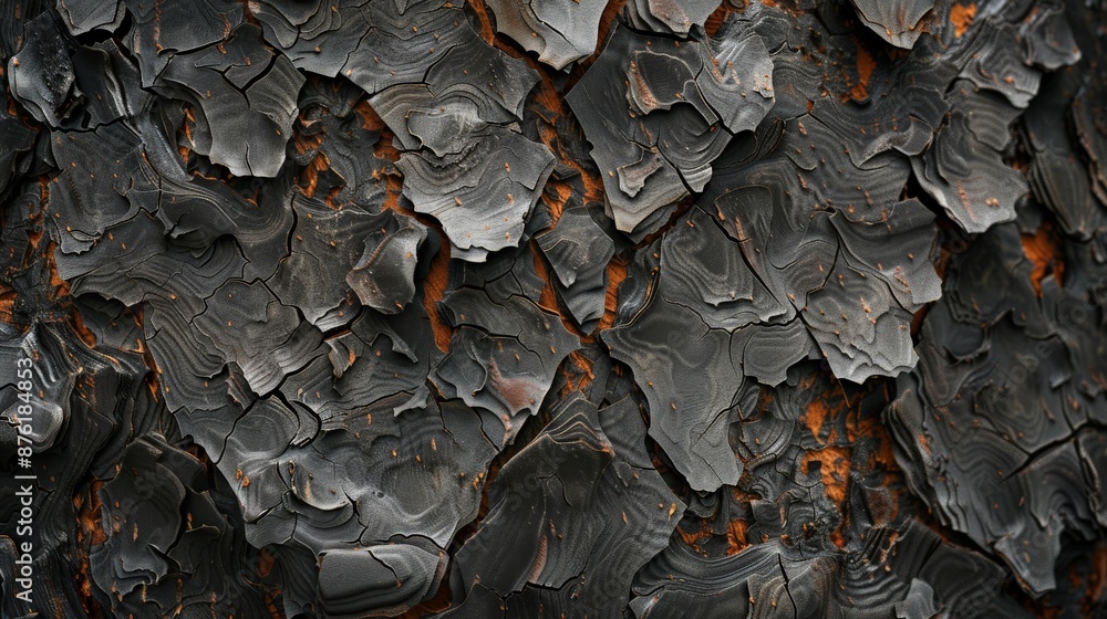 Poster this image depicts a close-up of burnt bark, showcasing its layered, flaky textures and unique patte