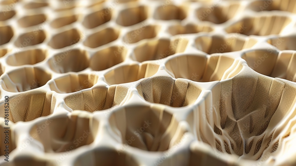 Poster This close-up image of a honeycomb showcases the intricate hexagonal holes and the natural patterns they form, highlighting the beauty and complexity of this natural structure.