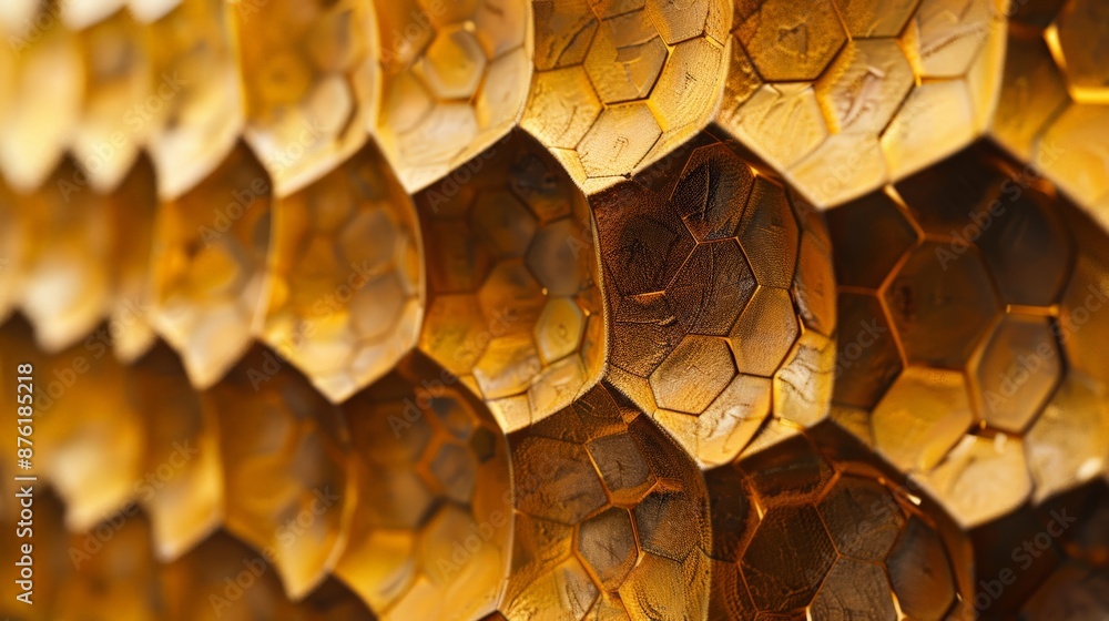 Poster A close-up of a honeycomb structure showcasing hexagonal shapes with a golden reflective pattern and detailed textures, capturing a warm and rich visual effect.