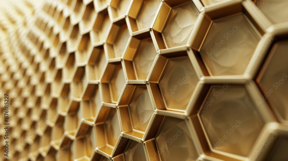 Poster A close-up of a honeycomb pattern rendered in golden monochrome, highlighting hexagonal shapes with precise details and smooth reflective surfaces that create a stunning visual.