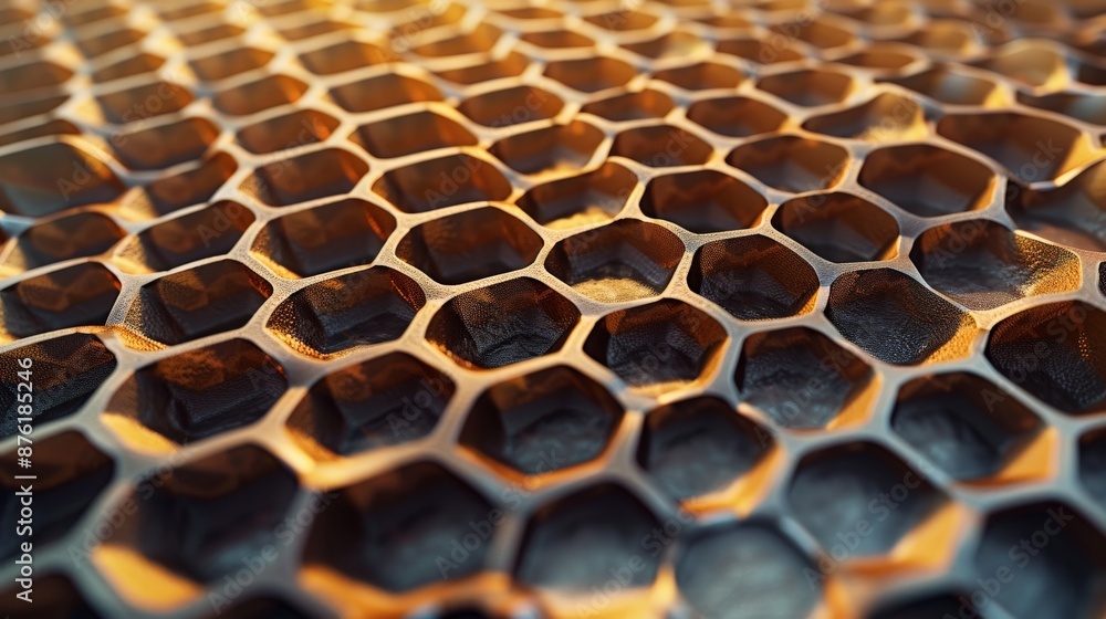 Poster A detailed image of a rustic honeycomb pattern with pronounced hexagonal shapes, featuring a mix of shadow and light that brings out the texture and depth of the structure.