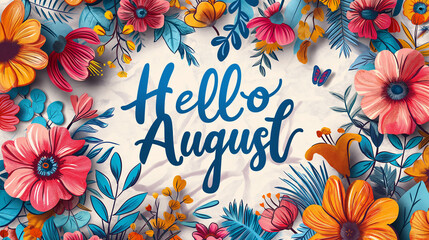 Hello august lettering surrounded by colorful flowers and plants