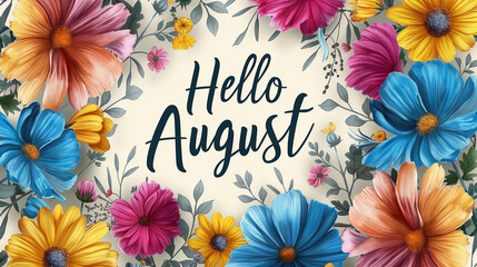 Hello august lettering surrounded by colorful flowers and leaves illustration