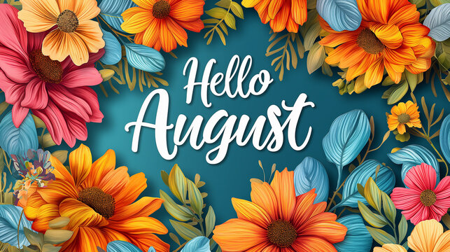 Hello august lettering surrounded by colorful flowers and leaves - Powered by Adobe