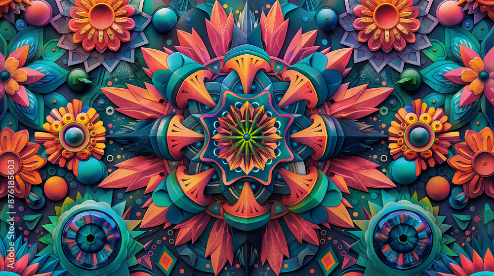 Poster abstract colorful psychedelic floral pattern with eyes creating a surreal optical illusion