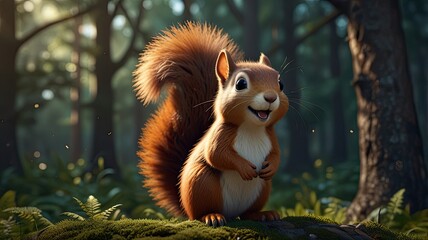 Obraz premium A cute red squirrel with a fluffy tail scurries up a tree in the park, searching for autumn nuts