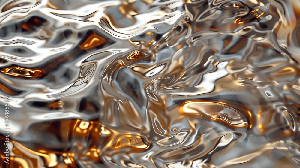 Poster An abstract image showcasing a fluid metallic surface with entwined gold and silver tones, creating a reflective and dynamic visual texture reminiscent of molten metal.