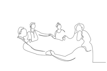 people family home dining table holding hands pray togetherness one line art design vector