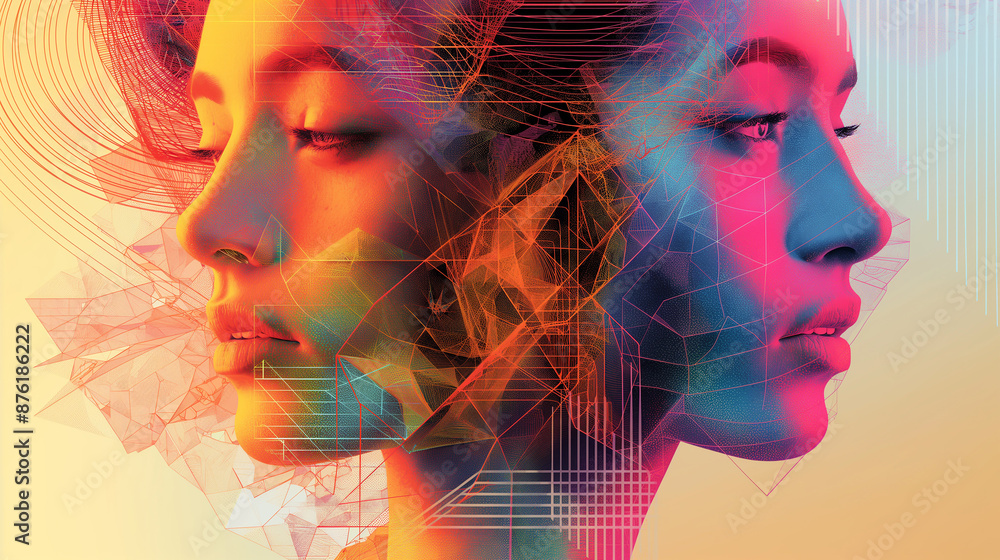 Poster two female models posing with abstract geometric shapes