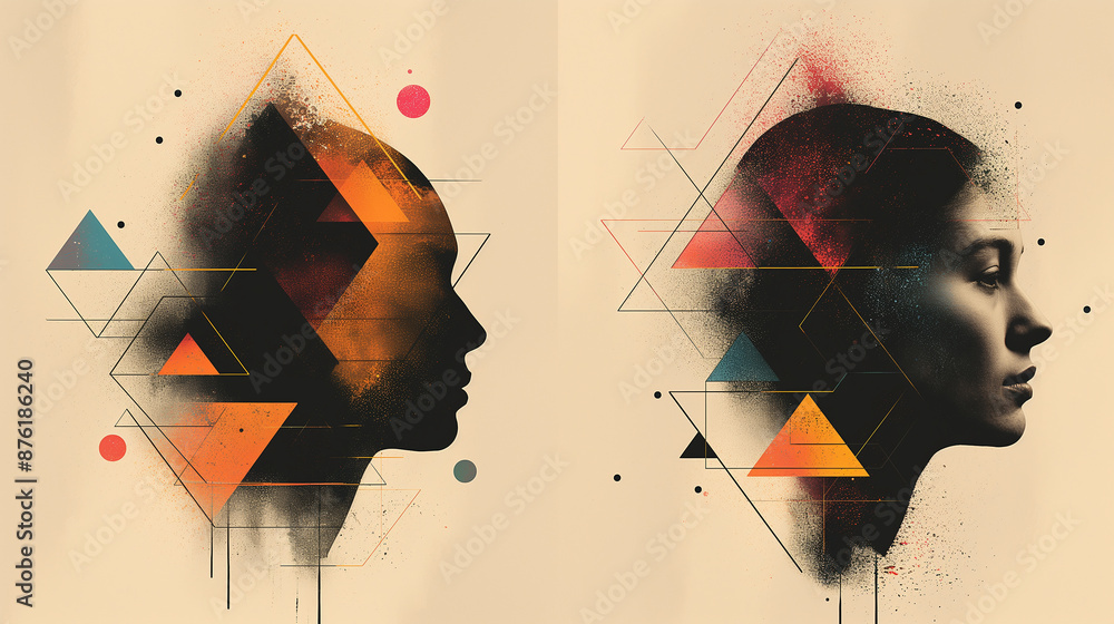 Poster Man and woman creating art with geometric shapes and a limited color palette