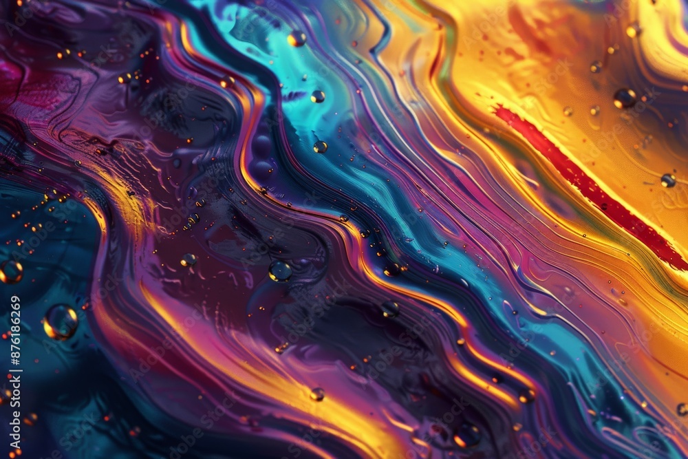 Poster An abstract oil painting featuring a blend of vibrant colors and fluid patterns, creating a captivating and dynamic visual experience with elements that appear to be in motion.