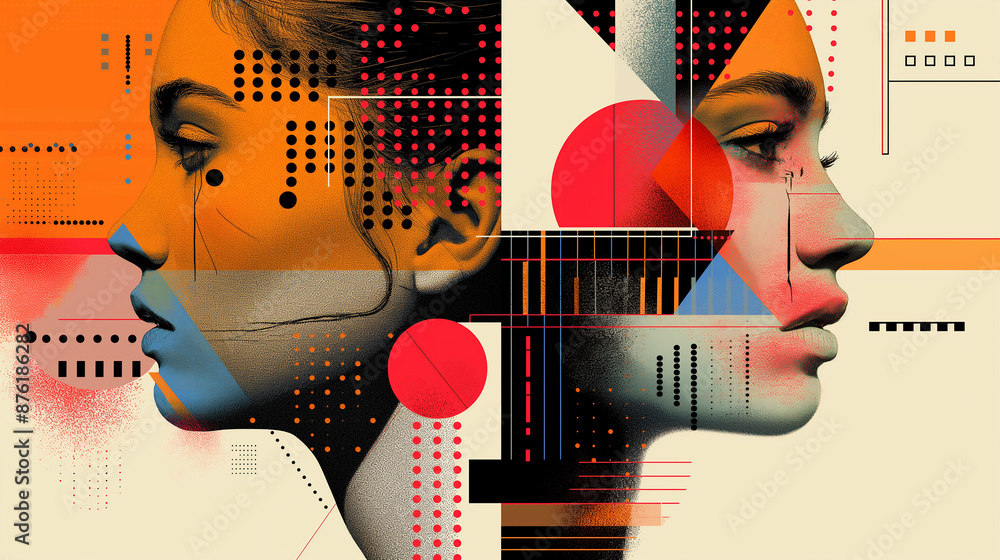 Poster Two models posing with geometric shapes and halftone patterns