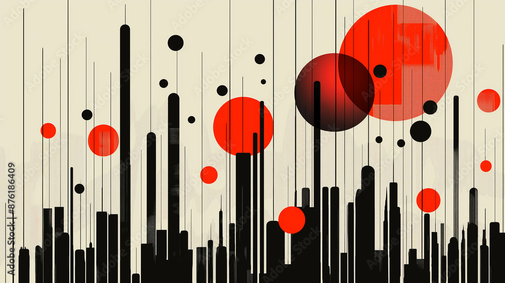 Poster abstract cityscape with red circles and black lines