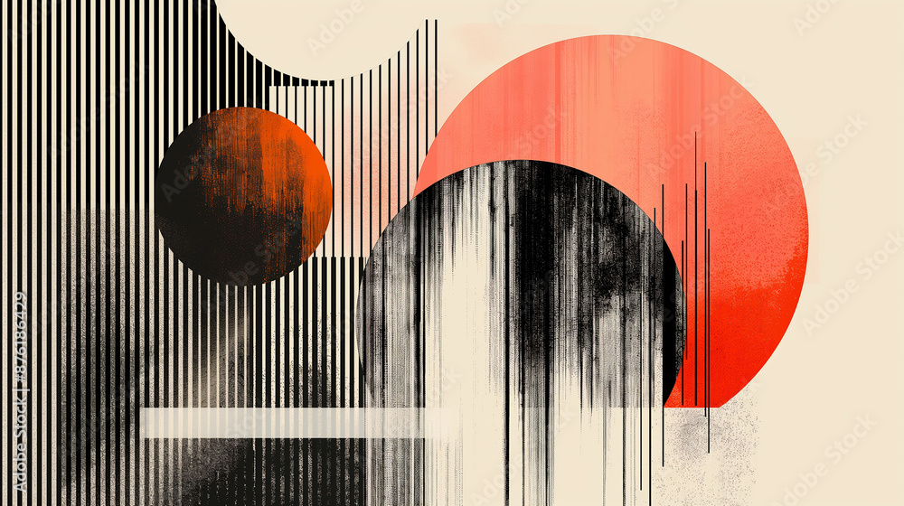 Poster Abstract composition featuring red and black circles and vertical lines
