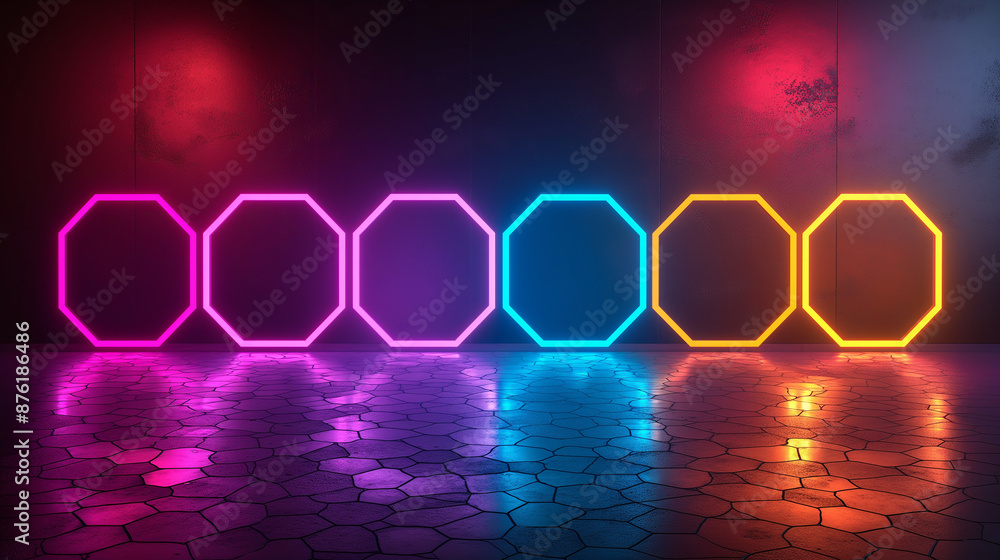 Poster neon lights creating colorful gradient on wall and floor