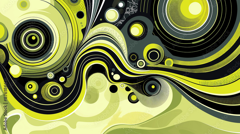 Poster Abstract background with wavy lines and circles flowing in green and black colors