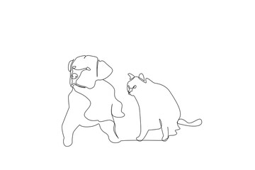 dog cat animals friend together home life one line art design vector