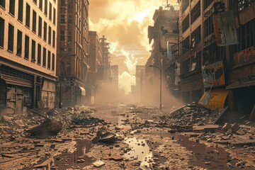 Fototapeta premium postapocalyptic destroyed city street disaster film poster concept digital illustration
