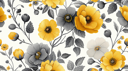 Seamless floral pattern with yellow and gray flowers on white background