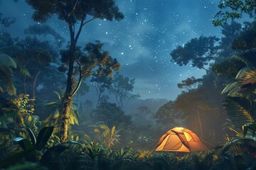 A cozy camping scene set in a dense jungle under the breathtaking starry night sky, highlighting the peacefulness and natural beauty associated with stargazing and solitude.