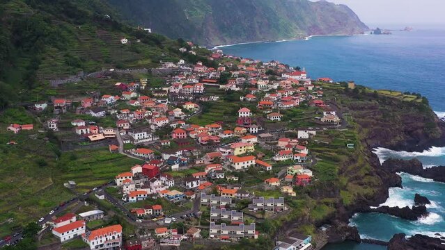 Seixal Town in Madeira, Portugal. Aerial Drone Shot. Orbiting