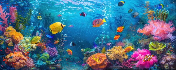 Vibrant Underwater Paradise: Colorful Coral Reefs and Exotic Fish Amidst a Rainbow of Marine Life