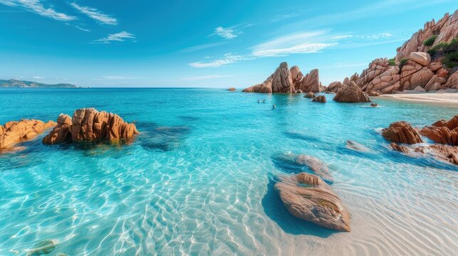 Beach with natural rock formations and clear blue water, dramatic and stunning.
