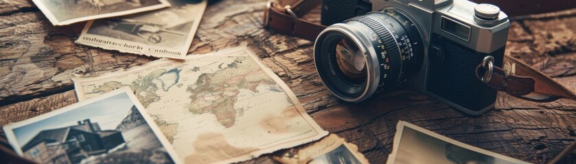 Naklejka premium Vintage Camera and Old Photographs on Rustic Wooden Table Evoke Nostalgic Memories