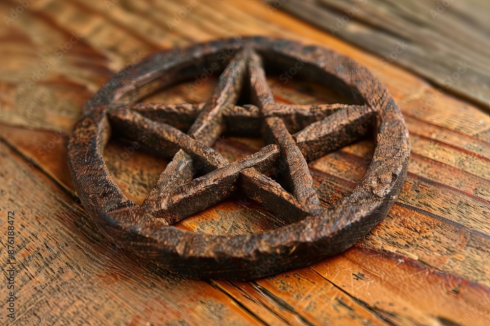 Wall mural pentagram pentacle made of wood and fire, five-legged symbol of satanism and sect. concept: magical 